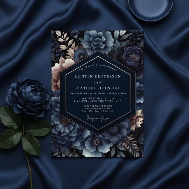 Navy Floral Opulent Romance Wedding Einladung (Von Creator hochgeladen)