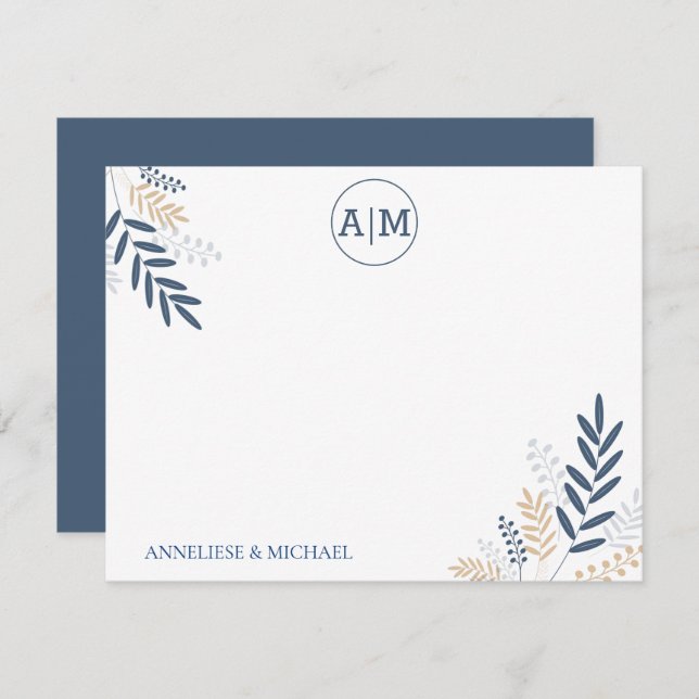 Navy Floral Personalize and Monogram Mitteilungskarte (Vorne/Hinten)