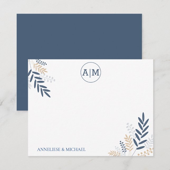 Navy Floral Personalize und Monogram Mitteilungskarte (Vorne/Hinten)