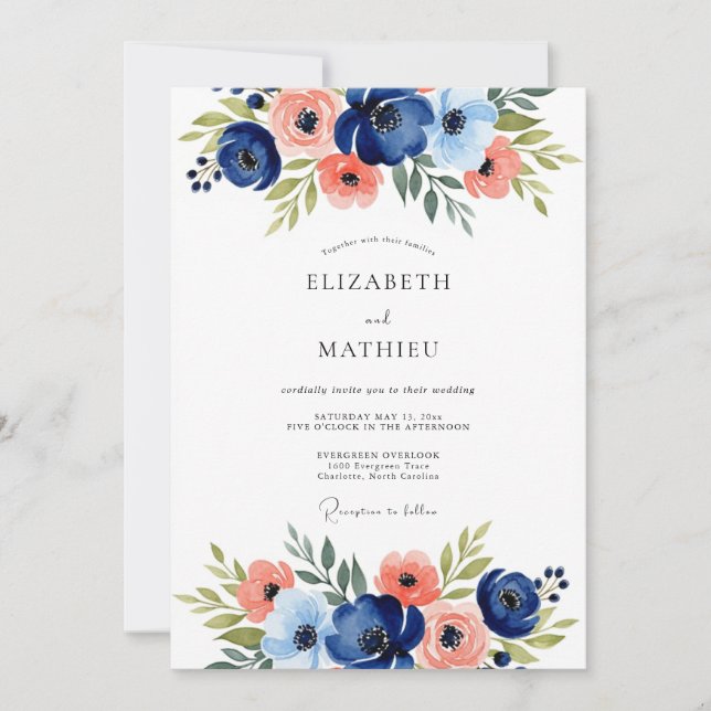 Navy Floral Romantic Wedding Einladung (Vorderseite)