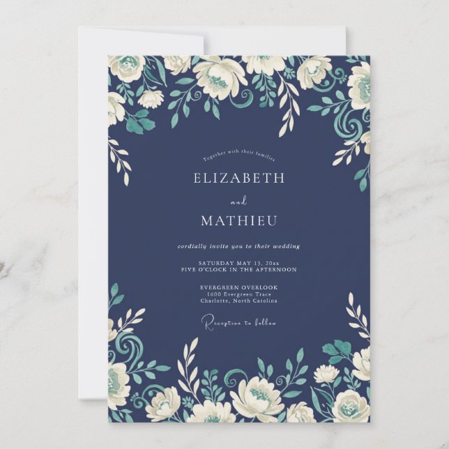 Navy Floral Scroll Romantik-Hochzeit Einladung (Vorderseite)