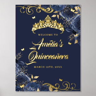 Navy Floral Swirl Quinceanera Willkommenszeichen G Foliendrucke