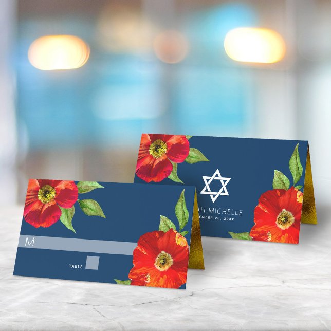 Navy Floral Watercolor Bat Mitzvah Bold modern Platzkarte (Von Creator hochgeladen)