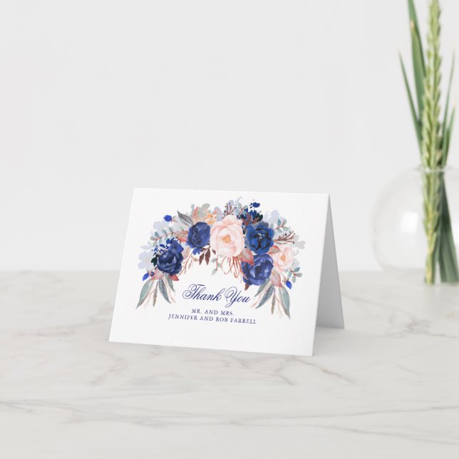 Navy Floral Wedding Vielen Dank Dankeskarte (Vorderseite)