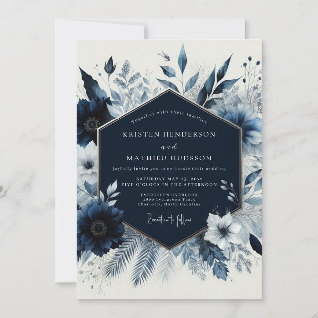 Navy Floral Winter Romance Wedding Einladung (Vorderseite)