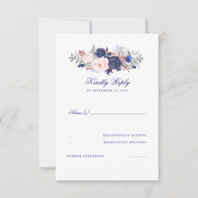 Navy Florals Wedding RSVP Karte (Vorderseite)