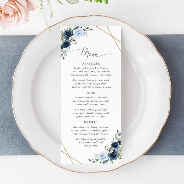 Navy Flowers, Blue Flowers, Bridal Shower Menu Menükarte (Von Creator hochgeladen)