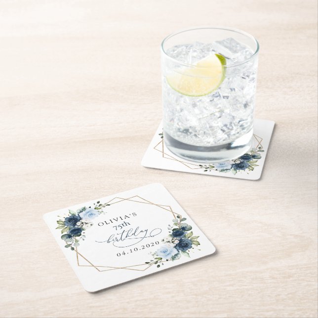 Navy Flowers, Blue Flowers, Greenery, Birthday Rechteckiger Pappuntersetzer (Vor Ort)