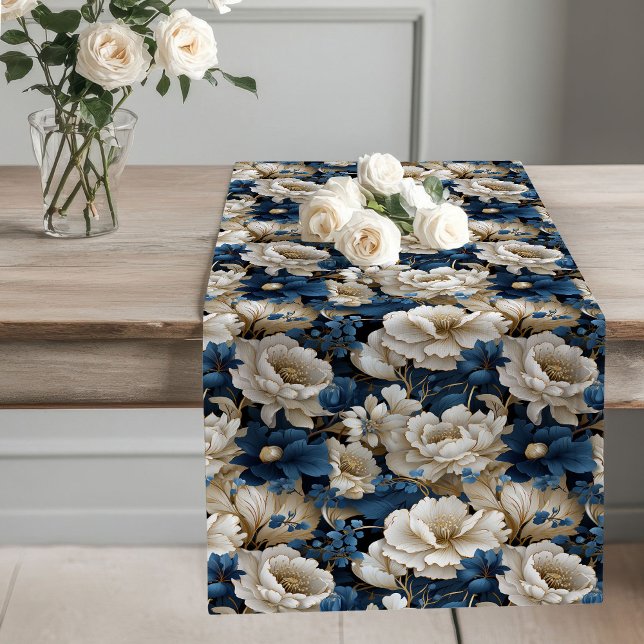 Navy Flowers Ivory Dining Table Runner Großer Tischläufer (Navy Flowers Ivory Dining Table Runner)