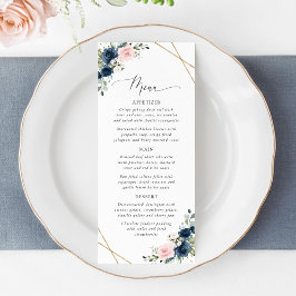 Navy Flowers, Pink Flowers, Bridal Shower Menu Menükarte