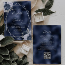 Navy Foil Dusty Blue Silver Floral QR Code Hochzei