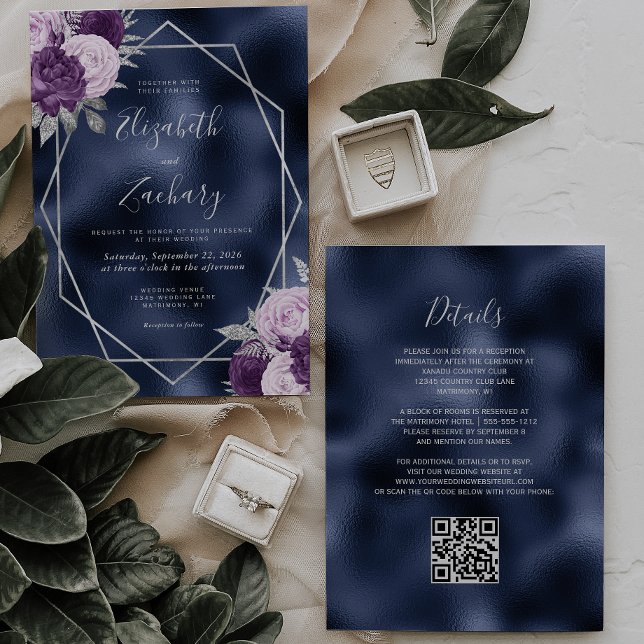 Navy Foil Lilac Silver Floral QR Code Hochzeit Einladung (Von Creator hochgeladen)