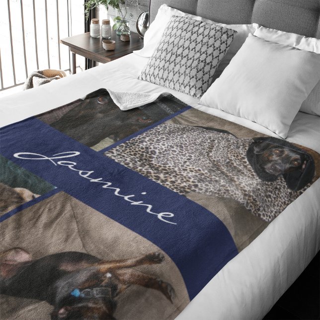 Navy Foto Collage Dog Fleecedecke (Capture precious pet moments with our Modern Pet Photo Collage Fleece Blanket. )