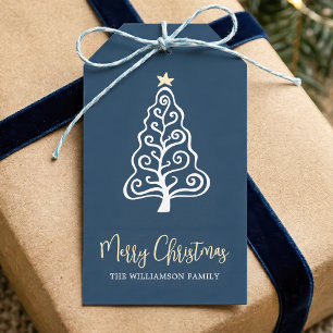 Navy Frohe Weihnachten Baum Schrift Name Whimsical Geschenkanhänger