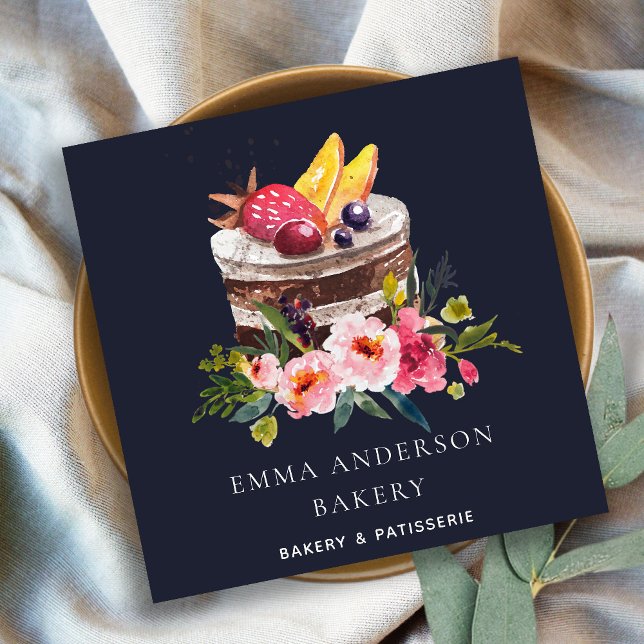 NAVY FRUIT FLORAL CAKE PATISSERIE CUPCAKE BAKERY QUADRATISCHE VISITENKARTE (Von Creator hochgeladen)