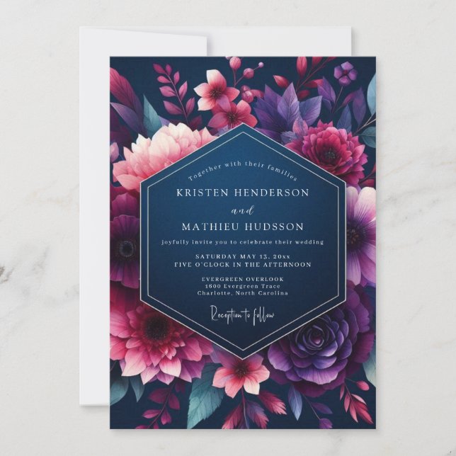 Navy & Fuchsia Vibrant Bloom Wedding Einladung (Vorderseite)