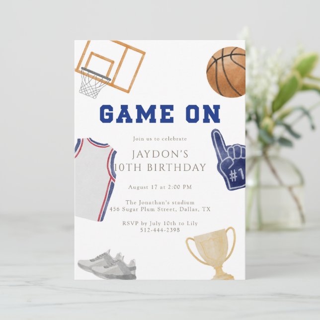 Navy Game On Basketball Birthday Jersey Watercolor Einladung (Stehend Vorderseite)