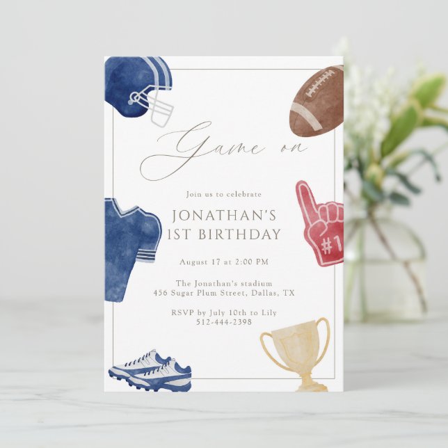 Navy Game On Football Birthday Einladung (Stehend Vorderseite)