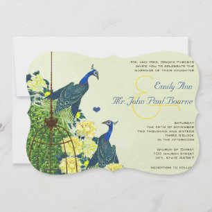 Navy & Gelb Vintage Pfauen Vogelkäfig Hochzeit Einladung