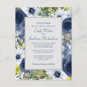 Navy Gelb Weiße Blumen und Graue Hochzeit Einladung
