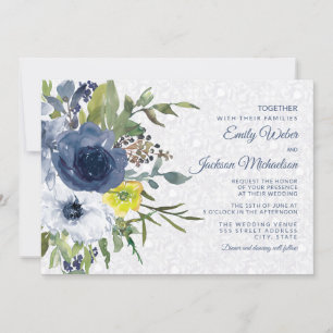 Navy Gelb Weiße Blumen- und Spitzen-Gartenhochzeit Einladung