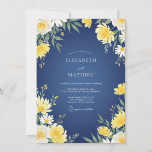 Navy Gelbe Gänseblümchen Eukalyptus Hochzeit Einladung
