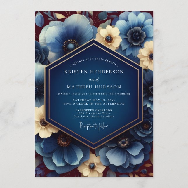 Navy Gilded Anemone Wedding Einladung (Vorderseite)