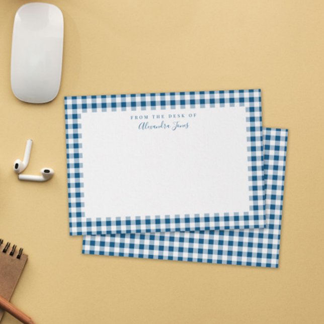 Navy Gingham Karo Personal Stationery Note Card Dankeskarte (navy blue and white gingham check patterned flat note card stationery with personalized name text)