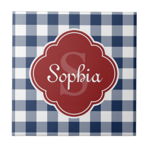 Navy Gingham Red Quatrefoil Monogramm Fliese