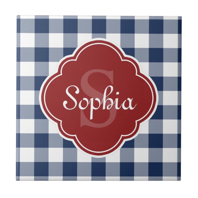 Navy Gingham Red Quatrefoil Monogramm Fliese (Vorderseite)