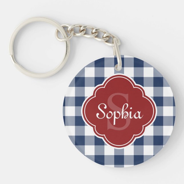 Navy Gingham Red Quatrefoil Monogramm Schlüsselanhänger (Vorderseite)