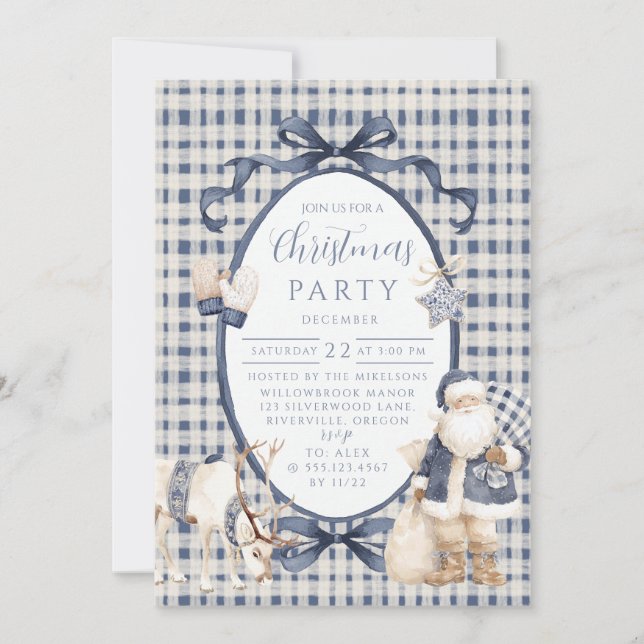 Navy Gingham Weihnachtsmann Weihnachten Einladung (Vorderseite)