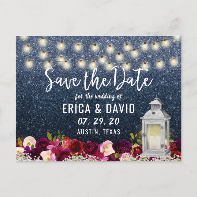 Navy Glitzer Rustic Lantern Blume Save the Date Ankündigungspostkarte (Vorderseite)