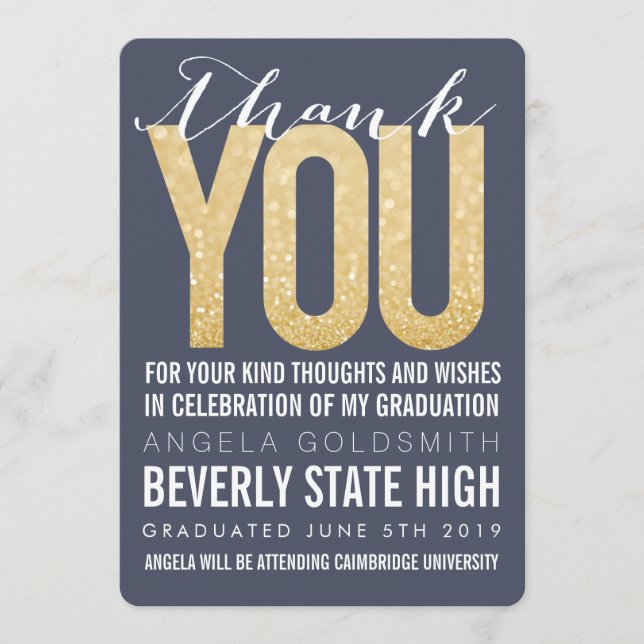 Navy Glitzer Typografie Abschluss Danke Karte (Vorderseite)