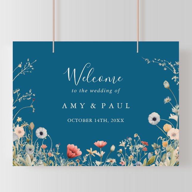 Navy Glückliches Boho Wildblumen Hochzeits Willkom Poster (Von Creator hochgeladen)