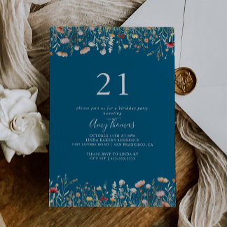 Navy Glückselige Boho-Wildblumen-21.-Geburtstagsfe Einladung