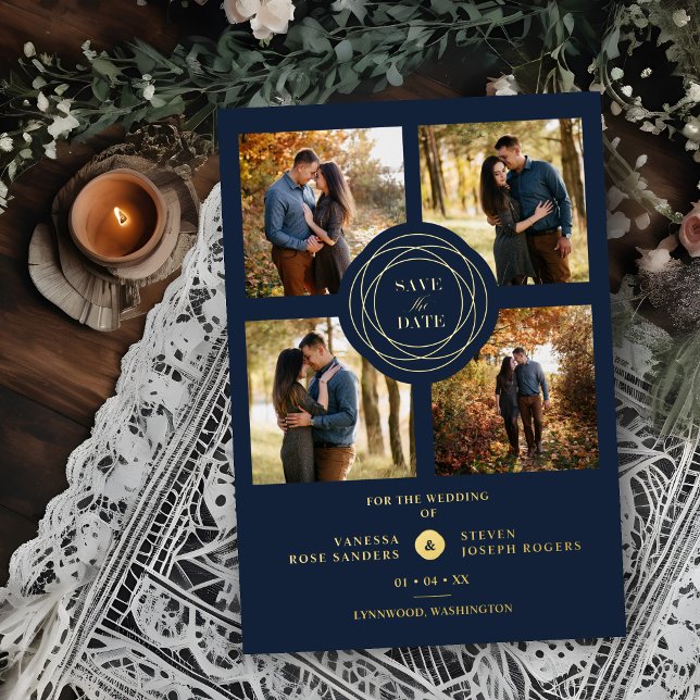 Navy Gold 4 Fotos Moderne Collage Wedding Script Folieneinladung (Von Creator hochgeladen)