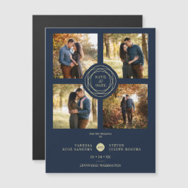 Navy Gold 4 Photos Modern Collage Wedding Script Magnetkarte