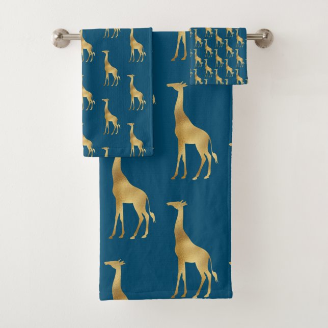 NAVY GOLD AFRICAN GIRAFFE WHITE BADEZIMMER TOWEL S BADHANDTUCH SET (Insitu)