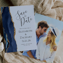 Navy Gold Agate Pale Blue Foto Save the Date Einladung