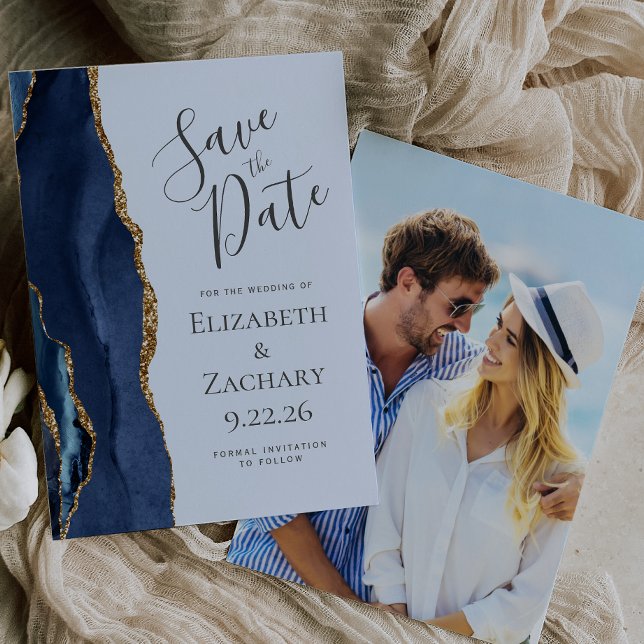 Navy Gold Agate Pale Blue Foto Save the Date Einladung (Von Creator hochgeladen)