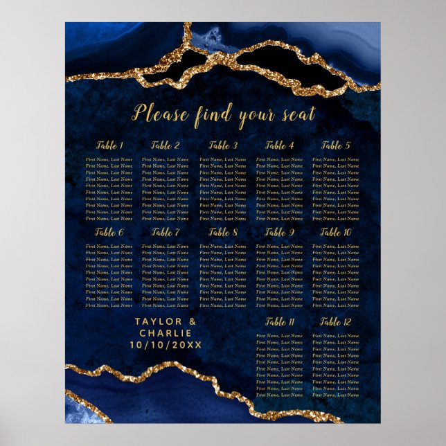 Navy Gold Agate Wedding Seating Chart 12 Table Poster (Vorne)