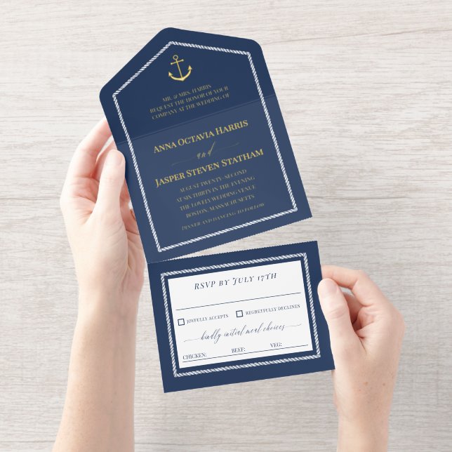 Navy Gold Anchor Nautical Wedding  All-in-One-Einladung (Abreißstreifen)