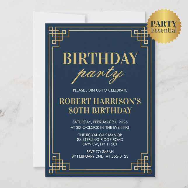Navy Gold Art Deco 80th Birthday Party Invitation Einladung (Von Creator hochgeladen)