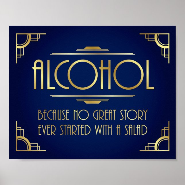 Navy Gold Art Deco ALCOHOL SALAD Zitat Print Poster (Vorne)