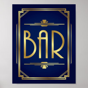 Navy Gold Art Deco BAR Sign Print Poster