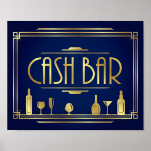 Navy Gold Art Deco CASH BAR Sign Print Poster