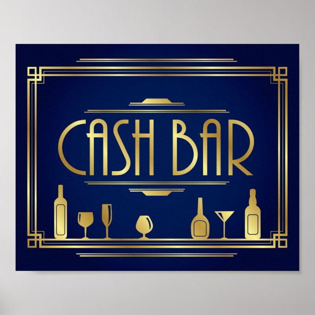 Navy Gold Art Deco CASH BAR Sign Print Poster (Vorne)