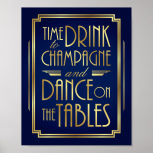 Navy Gold Art Deco ZEIT ZU TRINKEN CHAMPAGNE Print Poster