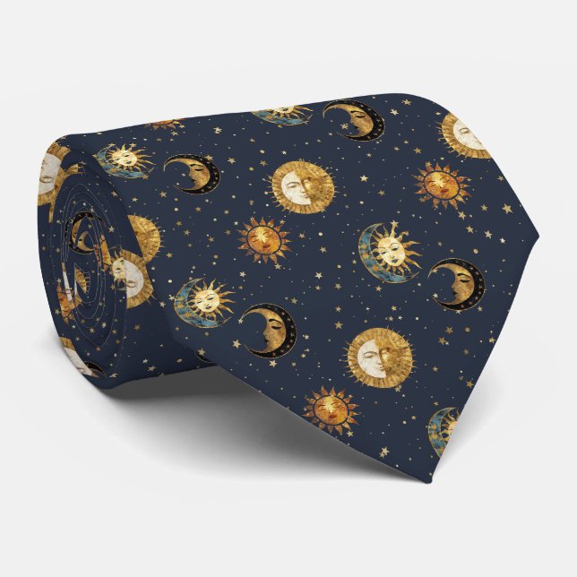 Navy Gold Astrologie-Symbole Kosmisch Krawatte (Gerollt)